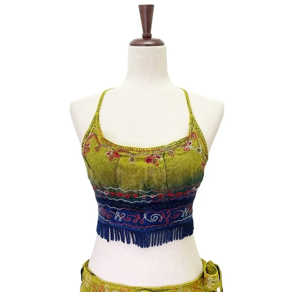 Flower Tie Dye Crop Top Wrap Skirt Set Free Size Boho Festival India Blue Green